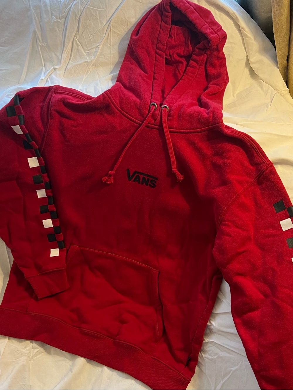 Vans Red Hoodie with Black-and-White Checker Sleeve Detail